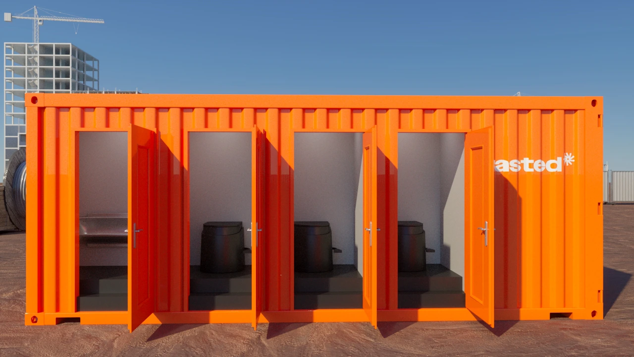 Front view of a Wasted Can with individual stall doors open