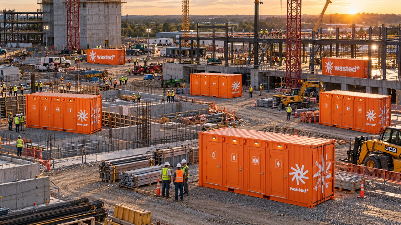 Six orange wasted cans across a megasite
